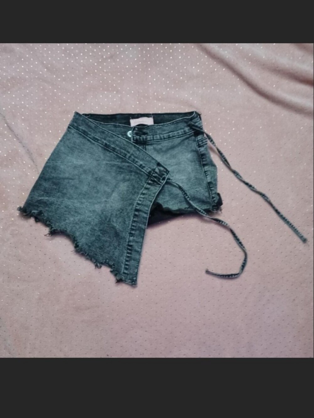 Black Wrap-Style Denim Skort with Frayed Hem
